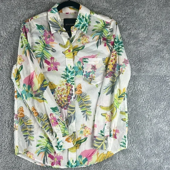 LE SUPERBE Tropi Cali Fruit Salad Ex-Boyfriend Long Sleeve Shirt Women’s, Size 6 Tops
